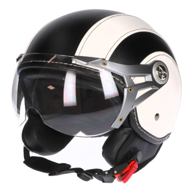 Retro helmet leather motorcycle racing half face flip up jet style brown black white