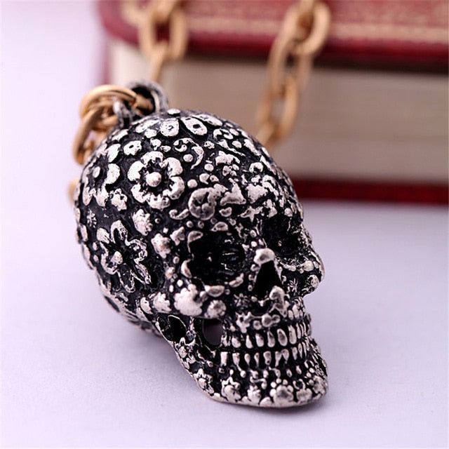 Vintage skull pendant necklace gothic flower CZ men women biker jewelry