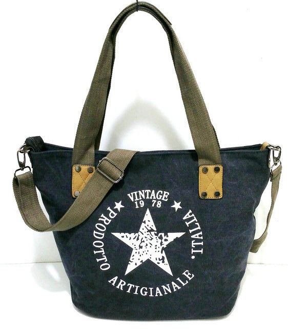 Vintage canvas handbag woman big star printing tote shoulder bag travel shopping