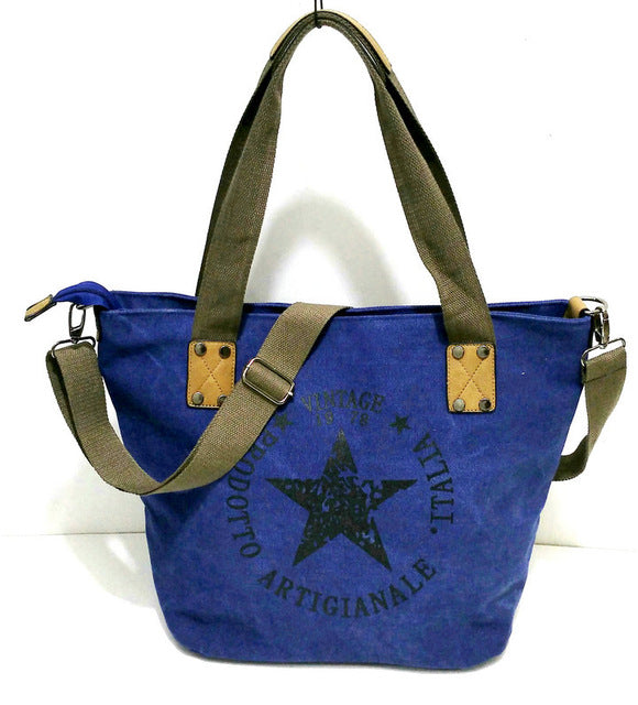 Vintage canvas handbag woman big star printing tote shoulder bag travel shopping