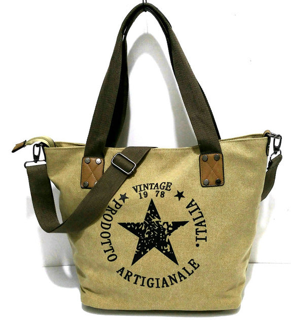 Vintage canvas handbag woman big star printing tote shoulder bag travel shopping