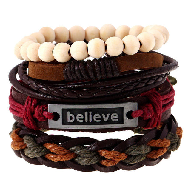 Leather bracelets men cuff jewelry punk weave wrap strand