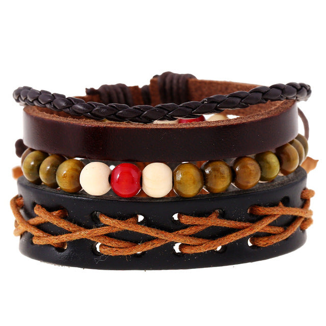 Leather bracelets men cuff jewelry punk weave wrap strand