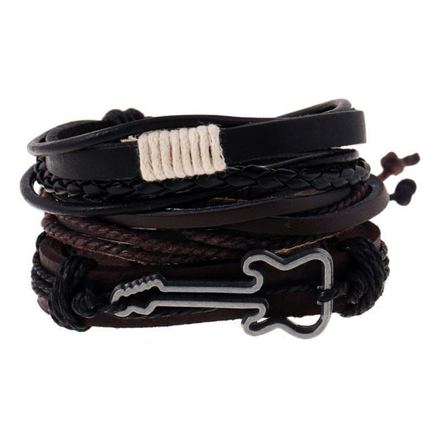 Leather bracelets men cuff jewelry punk weave wrap strand