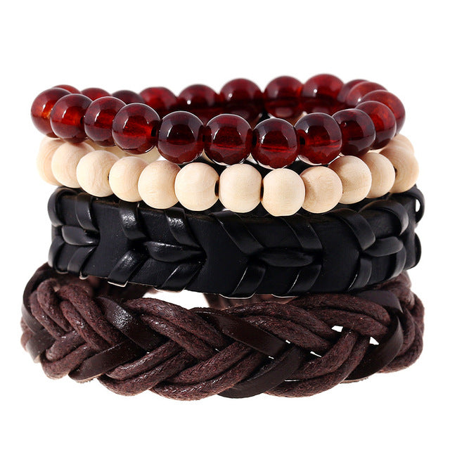 Leather bracelets men cuff jewelry punk weave wrap strand