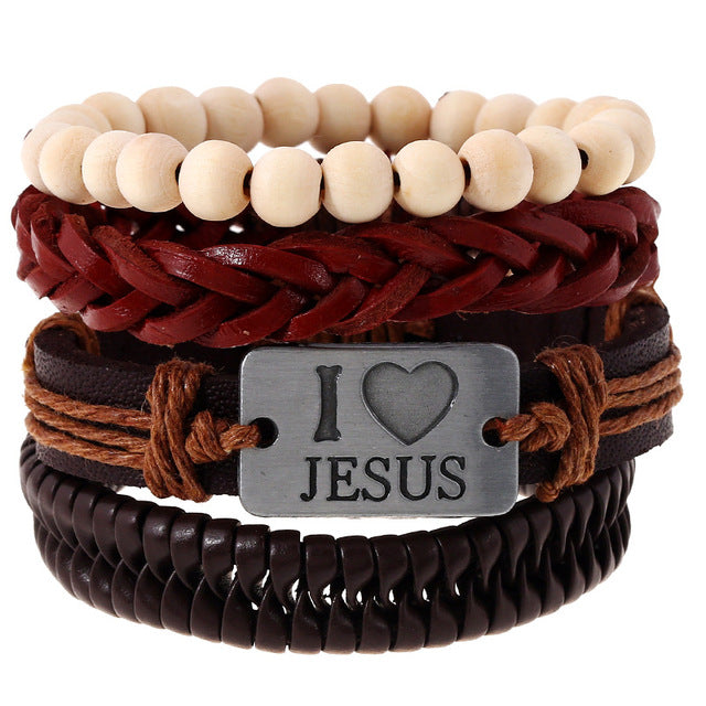 Leather bracelets men cuff jewelry punk weave wrap strand