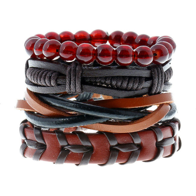 Leather bracelets men cuff jewelry punk weave wrap strand