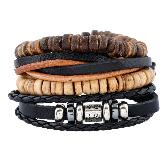 Leather bracelets men cuff jewelry punk weave wrap strand