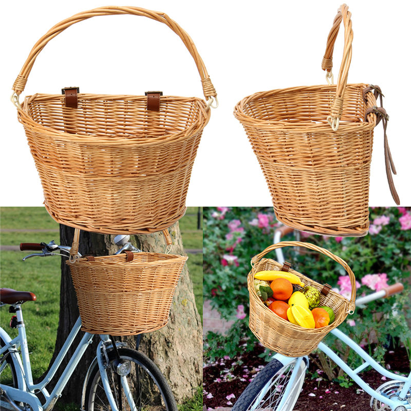 Vintage wicker bicycle basket brown leather straps cycling basket mountain bike shopping