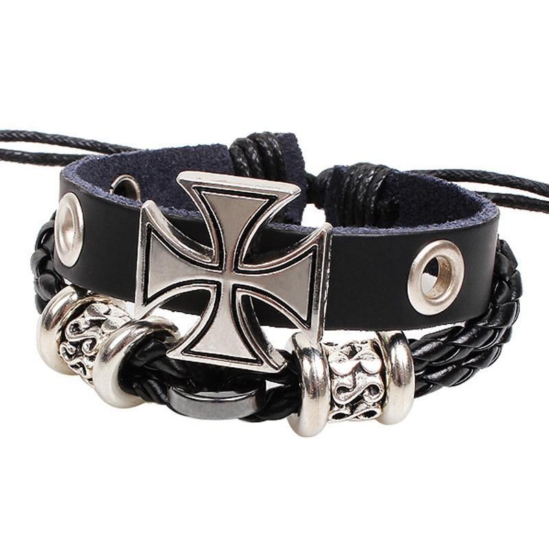 Vintage leather bracelet charm black silver wrap casual biker rocker