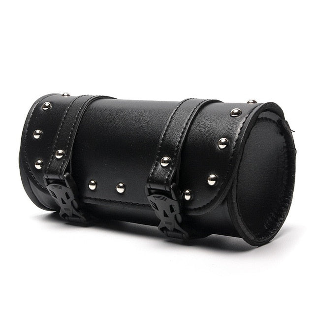 Leather motorcycle saddle bags black roll barrel for biker motorbike