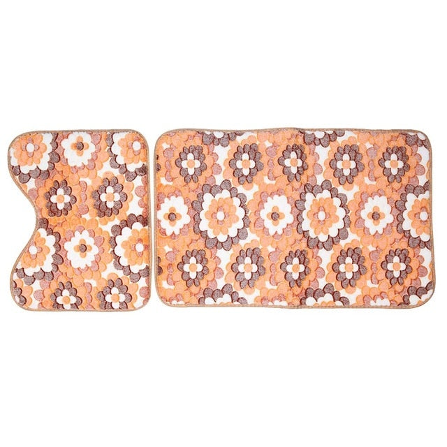 Bathroom mats floor toilet pattern floral rug non-slip bath decor kit 2pcs