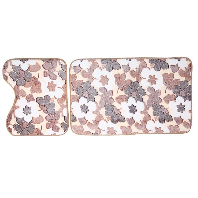 Bathroom mats floor toilet pattern floral rug non-slip bath decor kit 2pcs
