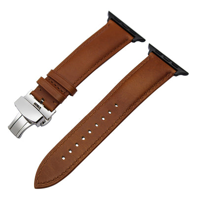 Leather watchband for iWatch Apple Watch 38mm 42mm steel butterfly buckle band wrist bracelet