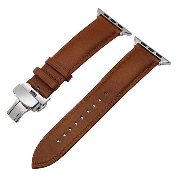 Leather watchband for iWatch Apple Watch 38mm 42mm steel butterfly buckle band wrist bracelet