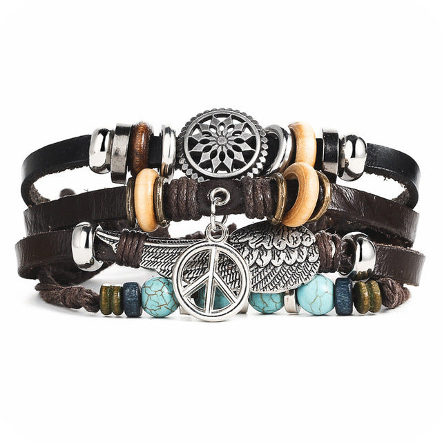 Vintage leather bracelets men punk design turkish stone wristband jewelry