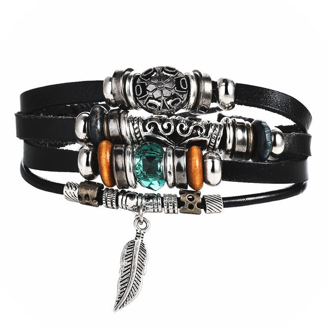 Vintage leather bracelets men punk design turkish stone wristband jewelry