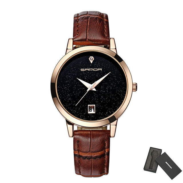 Leather women wristwatch star dial dress watch analog luxury golden ladies gifts