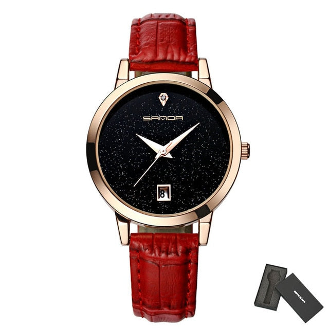 Leather women wristwatch star dial dress watch analog luxury golden ladies gifts