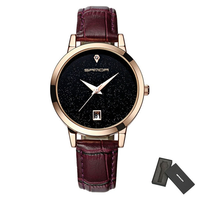 Leather women wristwatch star dial dress watch analog luxury golden ladies gifts