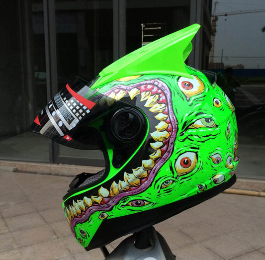 Green motorcycle helmet big mouth terrorist eyes funny gift helmets super alien