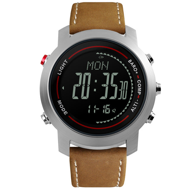 Men Sports Watches Digital Wristwatches Brown Leather Band Altimeter Barometer Masculino