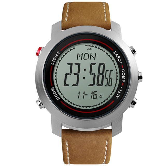 Men Sports Watches Digital Wristwatches Brown Leather Band Altimeter Barometer Masculino