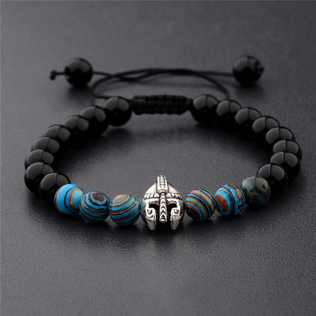 Stone beads bracelet men yoga bangles roman knight spartan warrior gladiator helmet