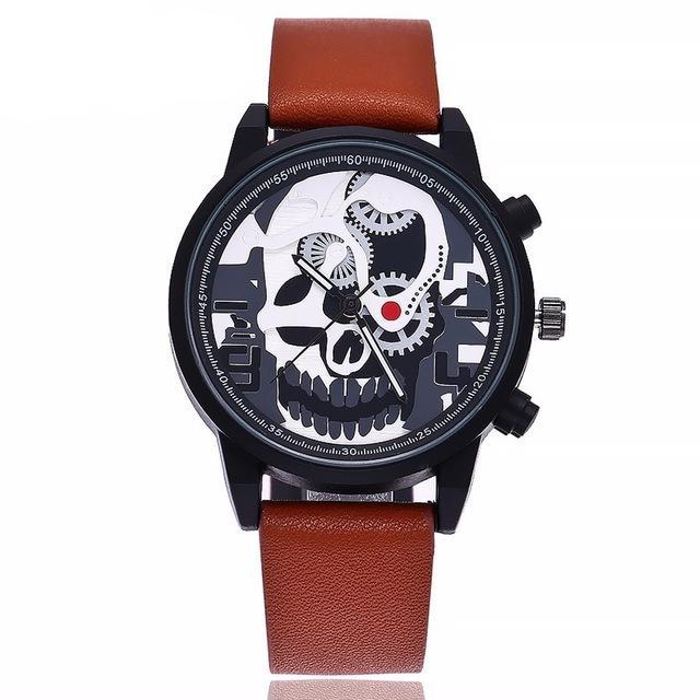 Leather watches men sports unique pirate skeleton skull quartz style