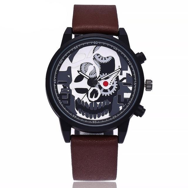 Leather watches men sports unique pirate skeleton skull quartz style