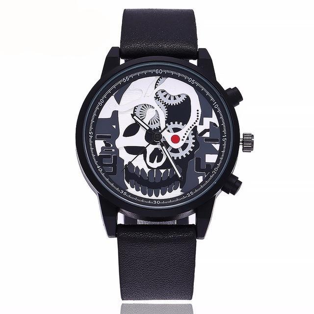 Leather watches men sports unique pirate skeleton skull quartz style