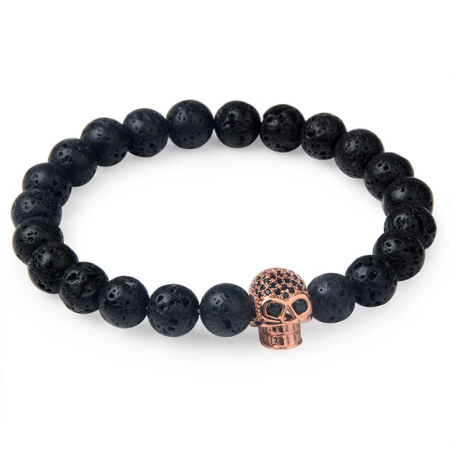 Charm natural lava stone bracelet CZ skeleton skull head helmet crown men jewelry