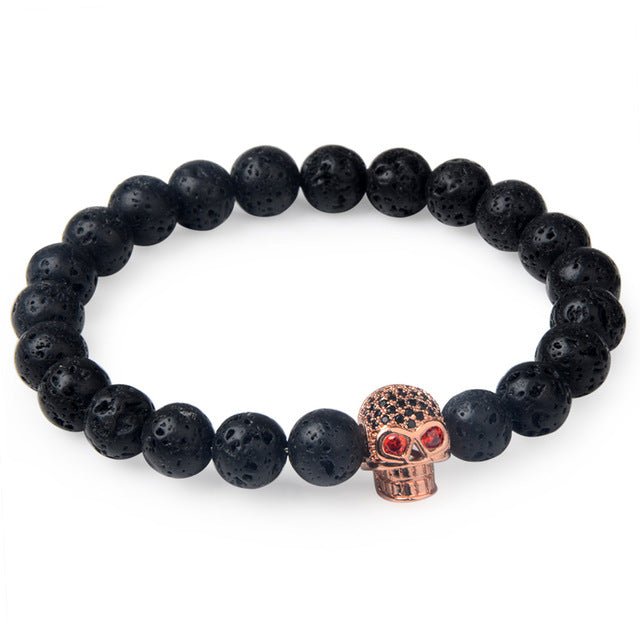 Charm natural lava stone bracelet CZ skeleton skull head helmet crown men jewelry