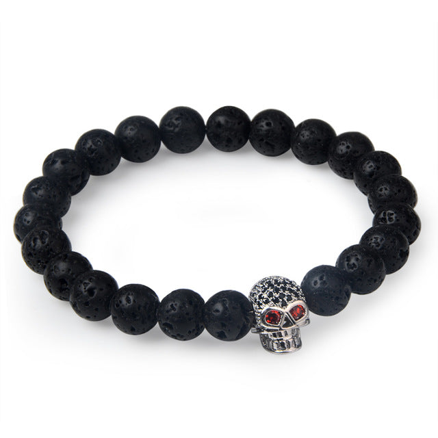 Charm natural lava stone bracelet CZ skeleton skull head helmet crown men jewelry