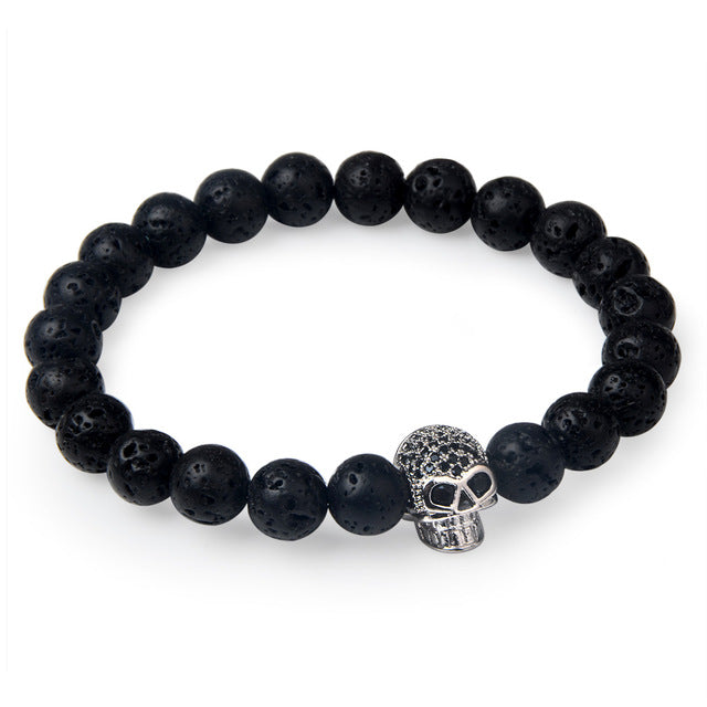 Charm natural lava stone bracelet CZ skeleton skull head helmet crown men jewelry