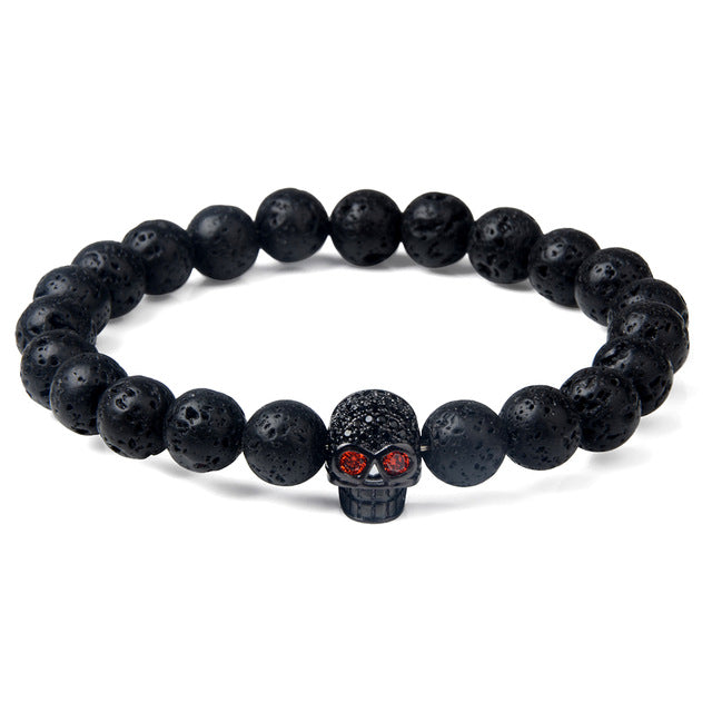 Charm natural lava stone bracelet CZ skeleton skull head helmet crown men jewelry