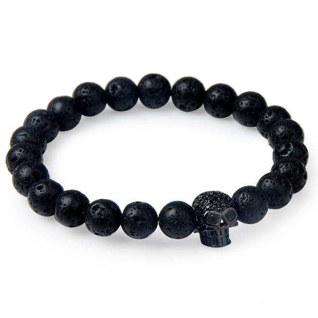 Charm natural lava stone bracelet CZ skeleton skull head helmet crown men jewelry