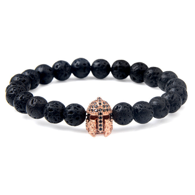 Charm natural lava stone bracelet CZ skeleton skull head helmet crown men jewelry