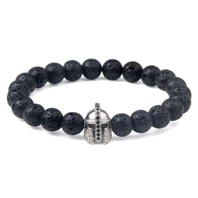 Charm natural lava stone bracelet CZ skeleton skull head helmet crown men jewelry