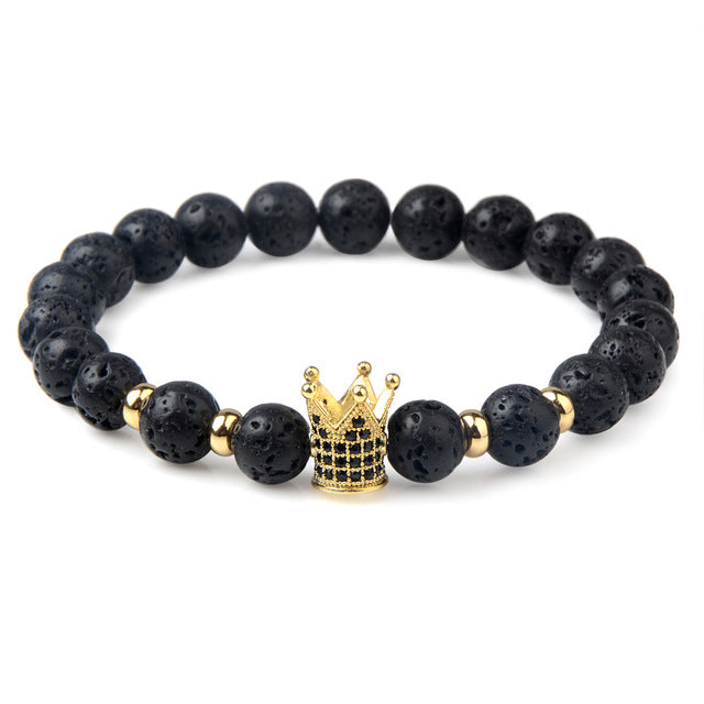 Charm natural lava stone bracelet CZ skeleton skull head helmet crown men jewelry