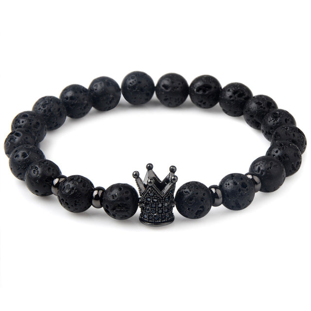 Charm natural lava stone bracelet CZ skeleton skull head helmet crown men jewelry