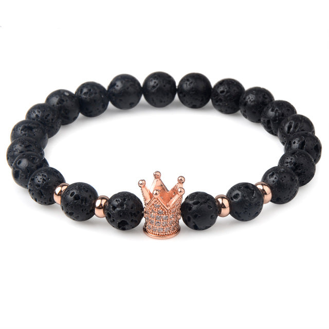 Charm natural lava stone bracelet CZ skeleton skull head helmet crown men jewelry