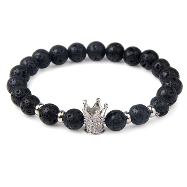 Charm natural lava stone bracelet CZ skeleton skull head helmet crown men jewelry