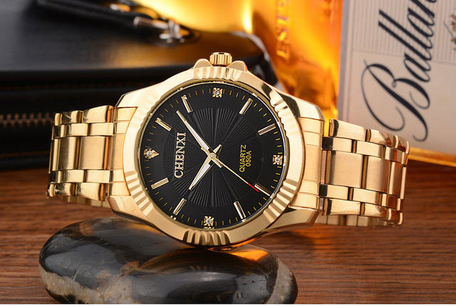 Wristwatch unique gold stainless steel men business watches