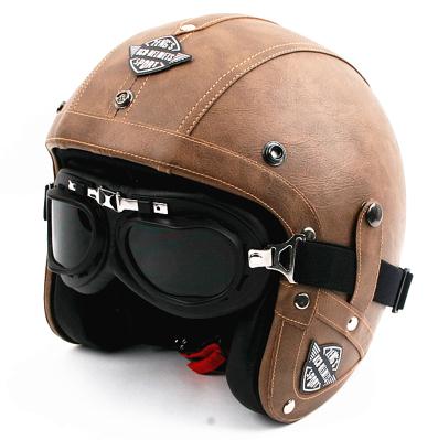 Vintage leather open face motorcycle helmets jet retro pilot helmet cruiser