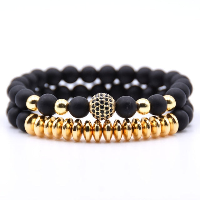 Natural stone bracelet matte black charm elastic rope beads hematite bracelet 2pcs