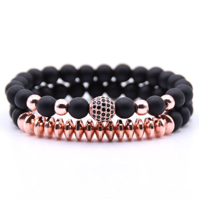 Natural stone bracelet matte black charm elastic rope beads hematite bracelet 2pcs