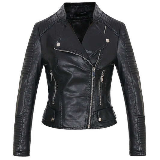 Lady biker jacket soft leather motorcycle coat black silver pink