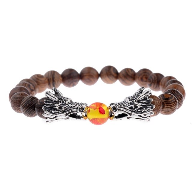 Natural wood beads bracelet bangles gold dragon spartan warrior helmet men jewelry