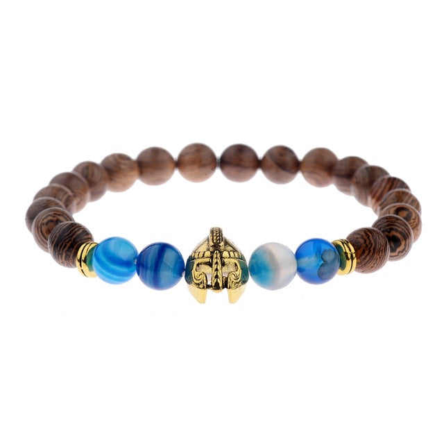 Natural wood beads bracelet bangles gold dragon spartan warrior helmet men jewelry